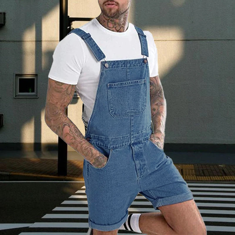 Men's Vintage Denim Ripped Cargo Shorts Jumpsuit Overall