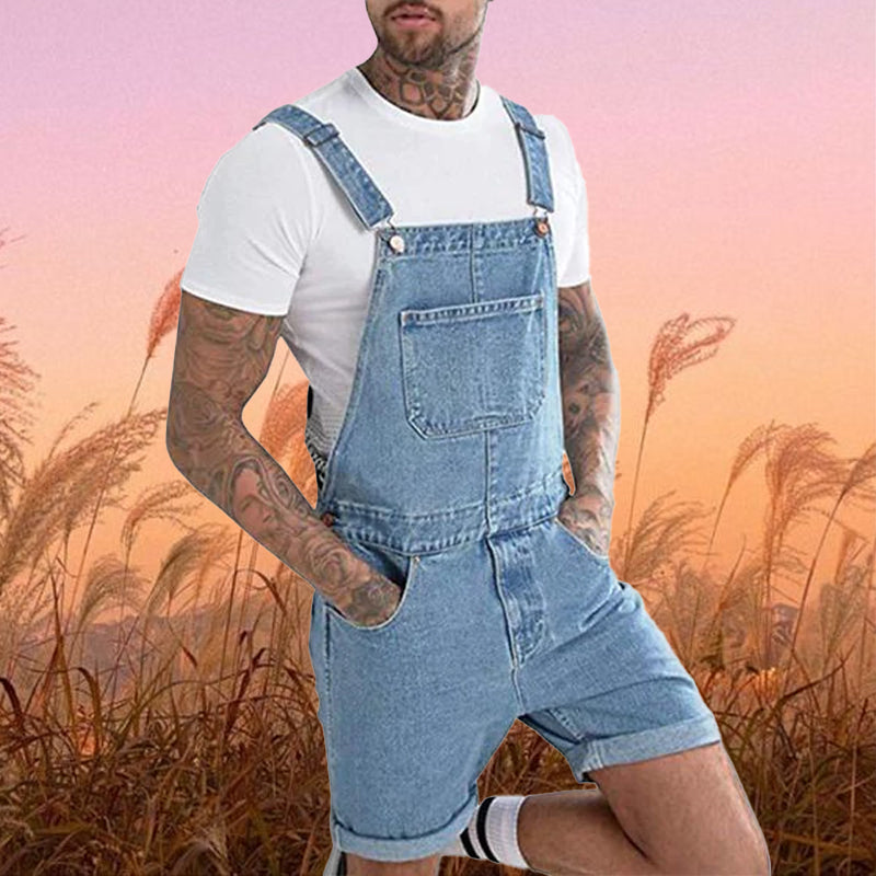 Men's Vintage Denim Ripped Cargo Shorts Jumpsuit Overall