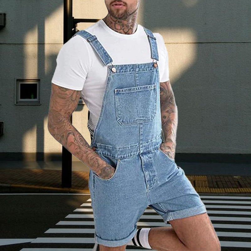 Men's Vintage Denim Ripped Cargo Shorts Jumpsuit Overall