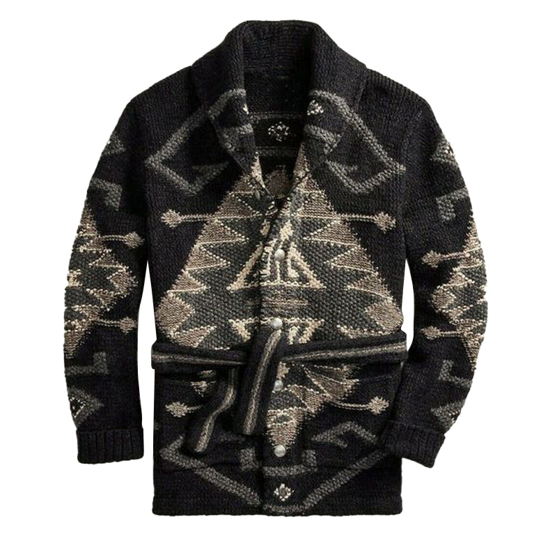 Men's Vintage Jacquard Shawl Collar Belted Mid-Length Cardigan