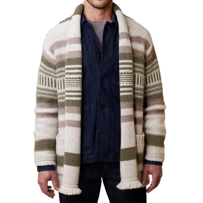 Men's Vintage Striped Patchwork Collarless Cardigan