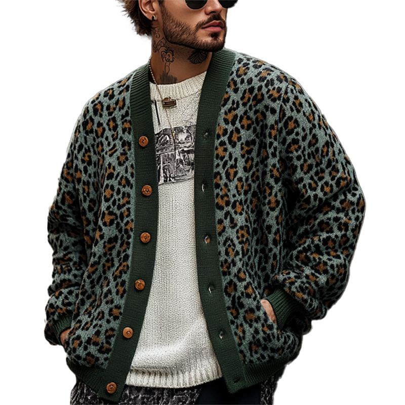 Men's Vintage Leopard Jacquard Colorblock Single Breasted Cardigan