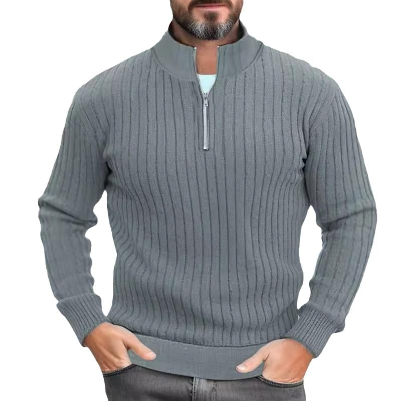 Men's Solid Color Knitted Stand Collar Half Zip Sweater