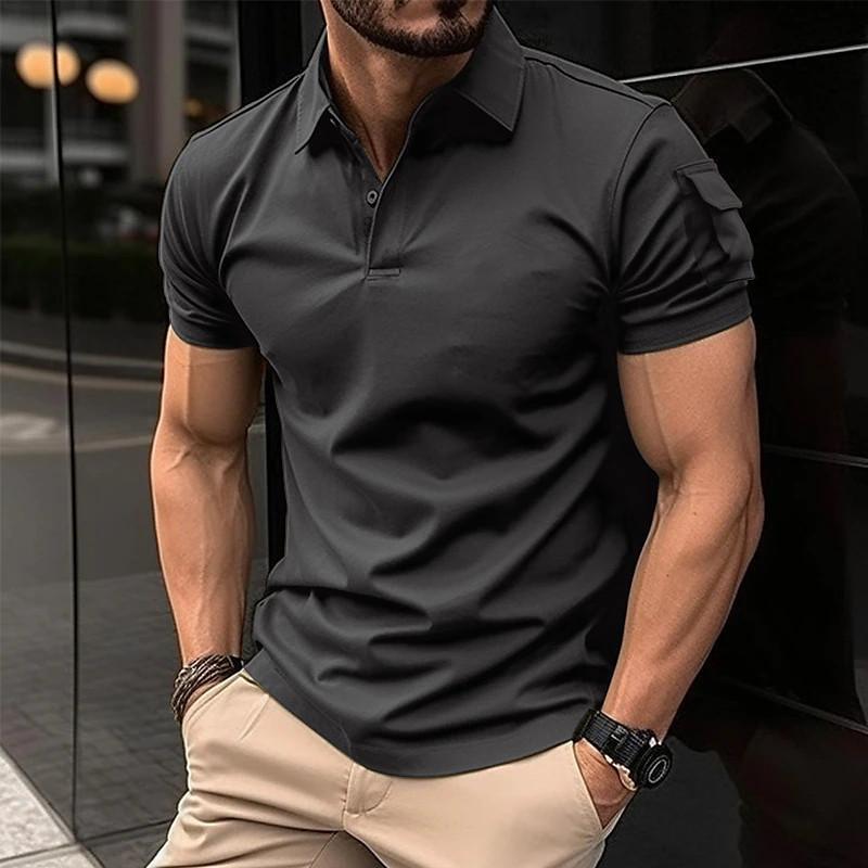 Men's Solid Lapel Sleeve Pocket Short Sleeve Polo Shirt