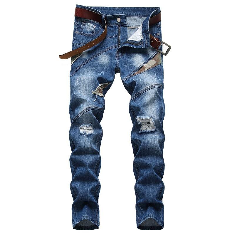 Men's Fashion Camo Patchwork Distressed Hole Slim Jeans