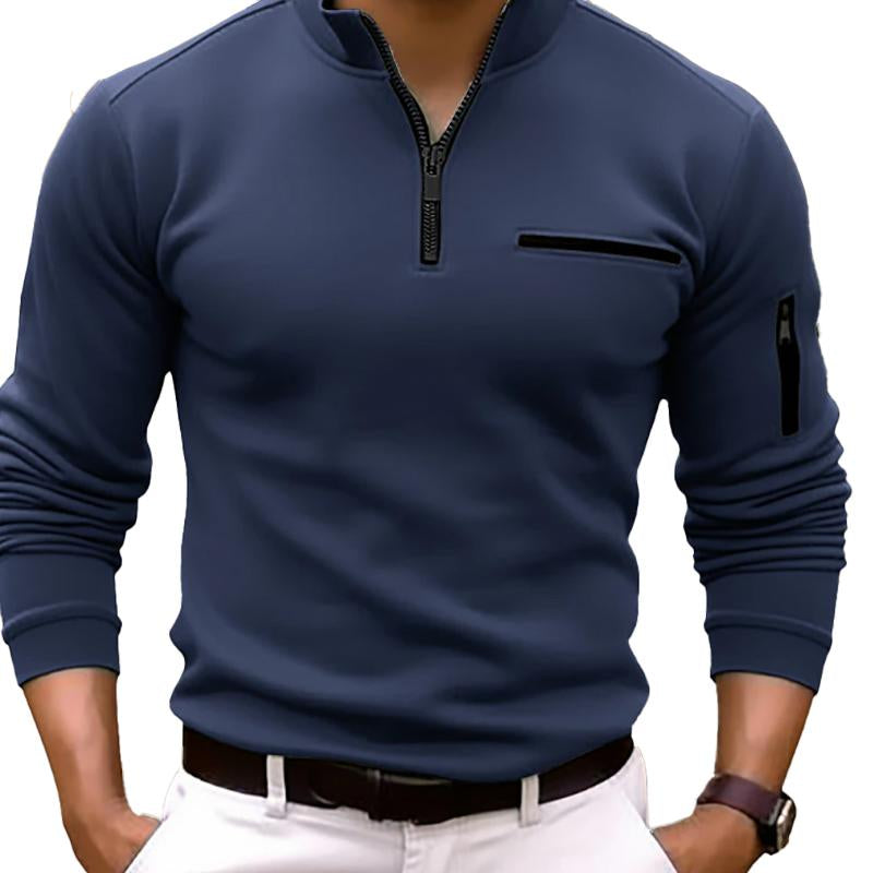 Men'S Casual Solid Color Zipper Polo Shirt