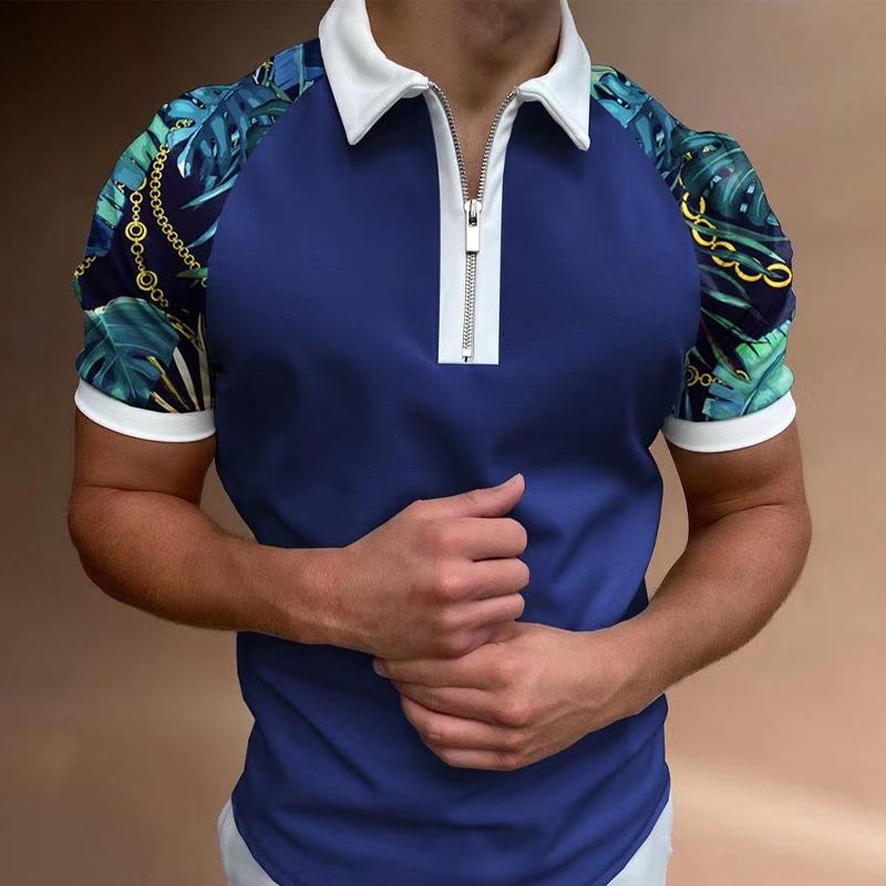 Men's Sports Short Sleeve Zipper Color Block Polo Shirt