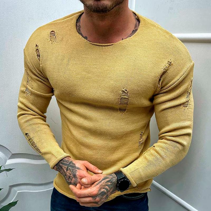 Men's Leisure Round Neck Hole Knit Long Sleeved Sweater