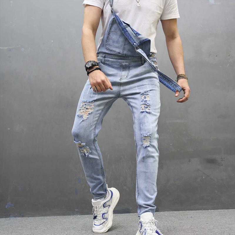 Men's Casual Solid Color Washed Ripped Denim Overalls