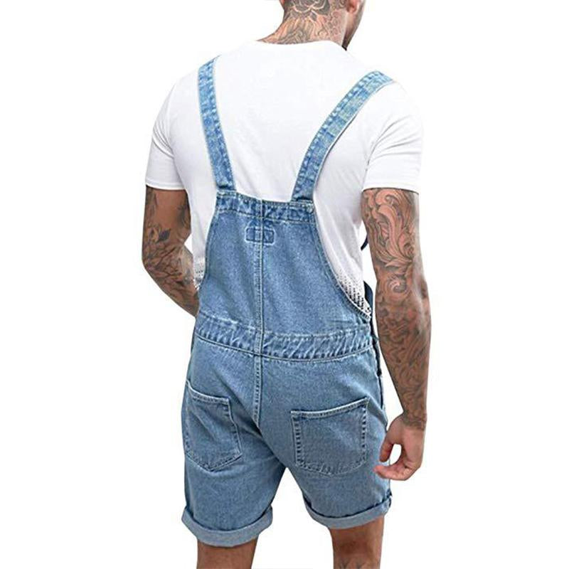 Men's Vintage Denim Ripped Cargo Shorts Jumpsuit Overall