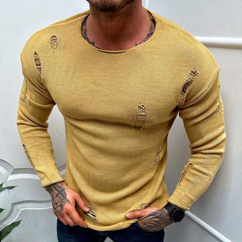 Men's Leisure Round Neck Hole Knit Long Sleeved Sweater