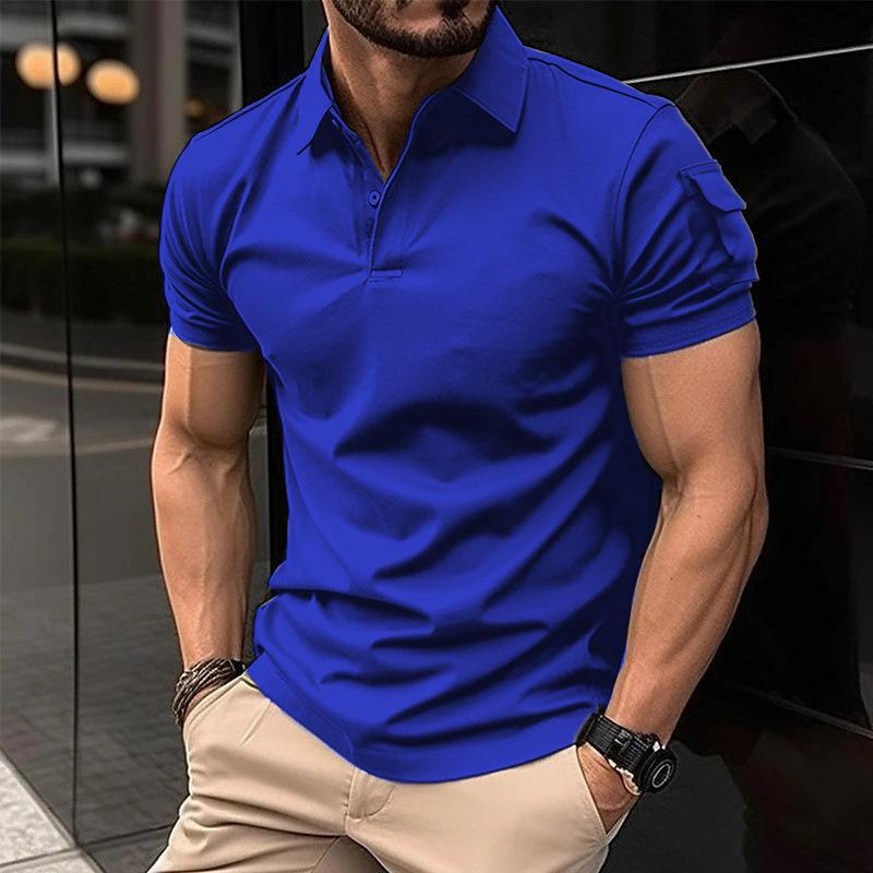 Men's Solid Lapel Sleeve Pocket Short Sleeve Polo Shirt