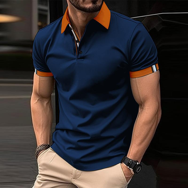 Men's Casual Color Block Lapel Short Sleeve Polo Shirt