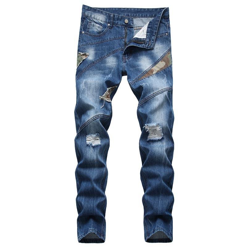 Men's Fashion Camo Patchwork Distressed Hole Slim Jeans