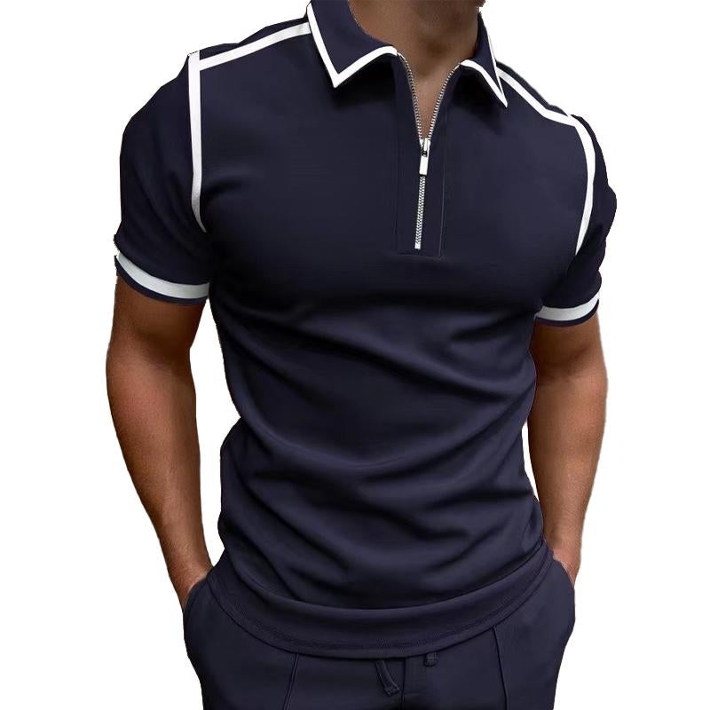 Men's Sports Short Sleeve Zipper Color Block Polo Shirt