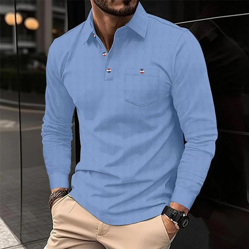 Men's Retro Solid Color Pocket Lapel Long Sleeve POLO Shirt