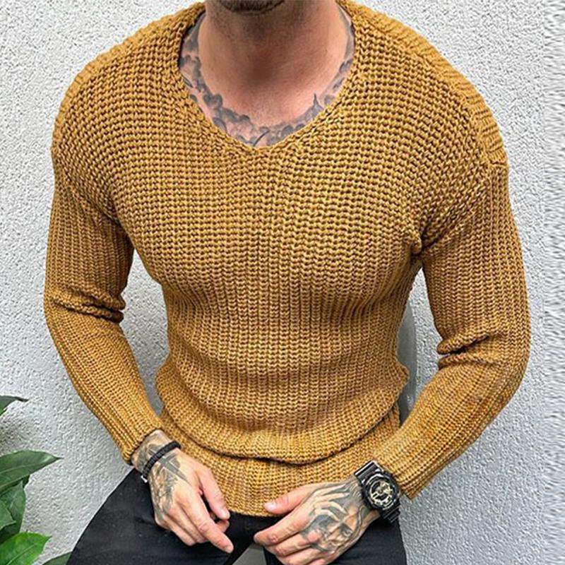 Men's Retro Casual Solid Color Round Neck Slim Sweater