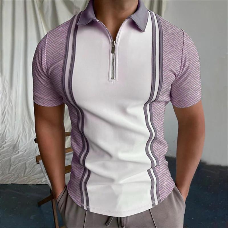 Men's Printed Striped Short Sleeve Zip-up Polo Shirt