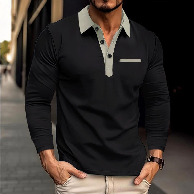 Men's Long Sleeve Lapel Color Block POLO Shirt