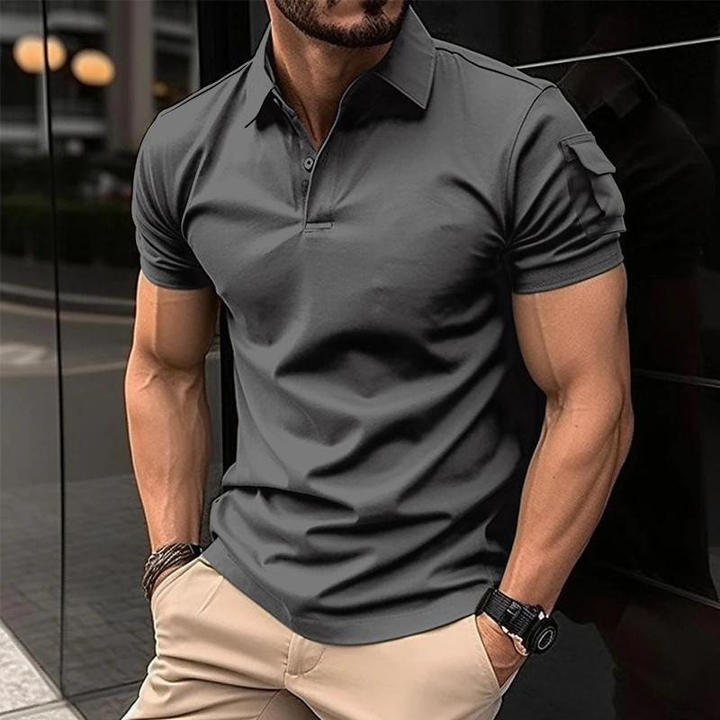 Men's Solid Lapel Sleeve Pocket Short Sleeve Polo Shirt