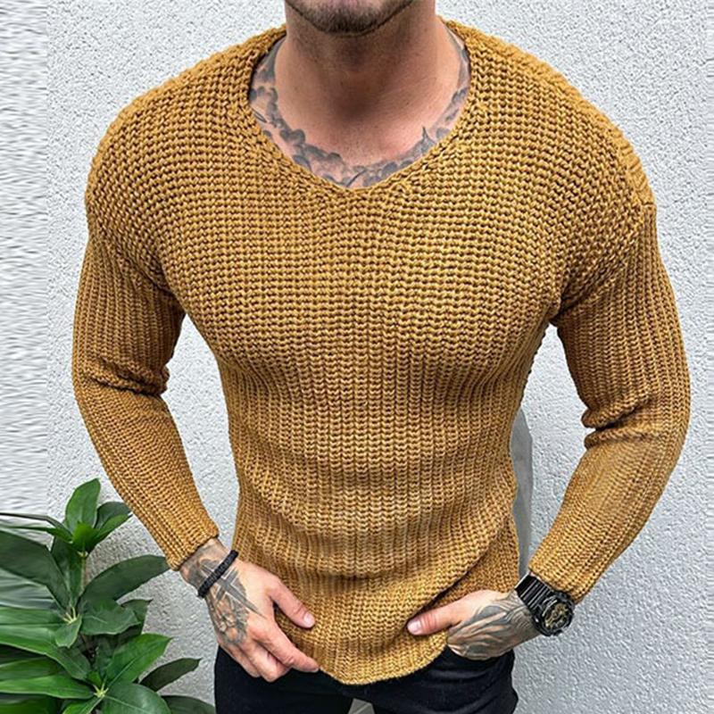 Men's Retro Casual Solid Color Round Neck Slim Sweater