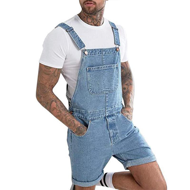 Men's Vintage Denim Ripped Cargo Shorts Jumpsuit Overall