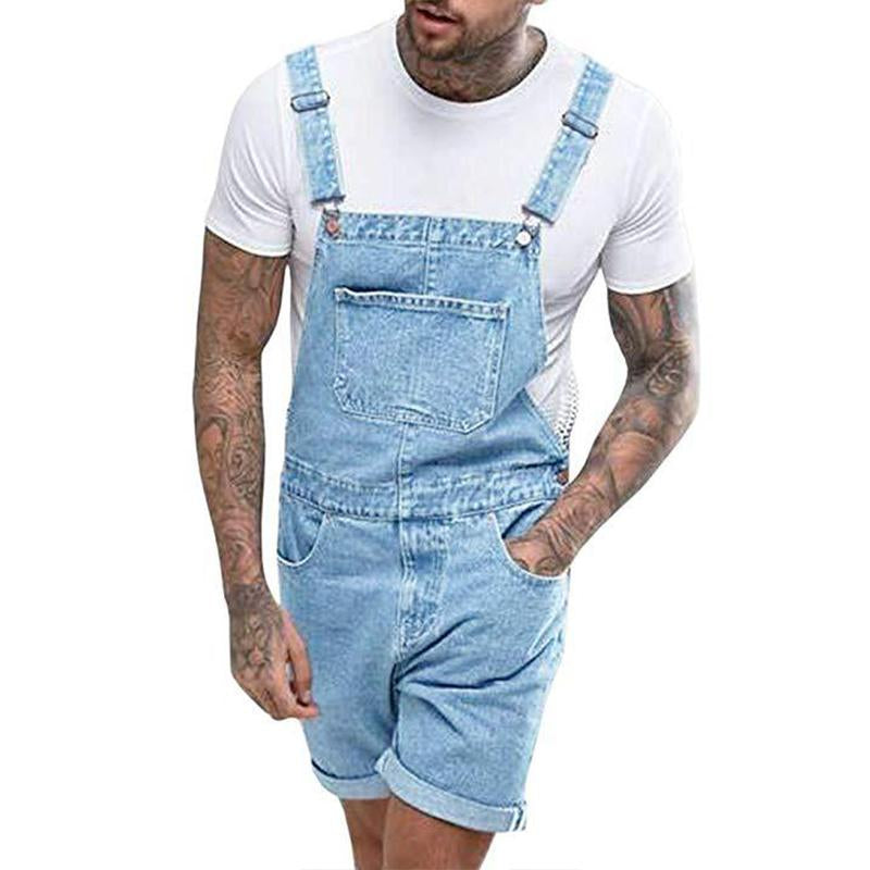 Men's Vintage Denim Ripped Cargo Shorts Jumpsuit Overall