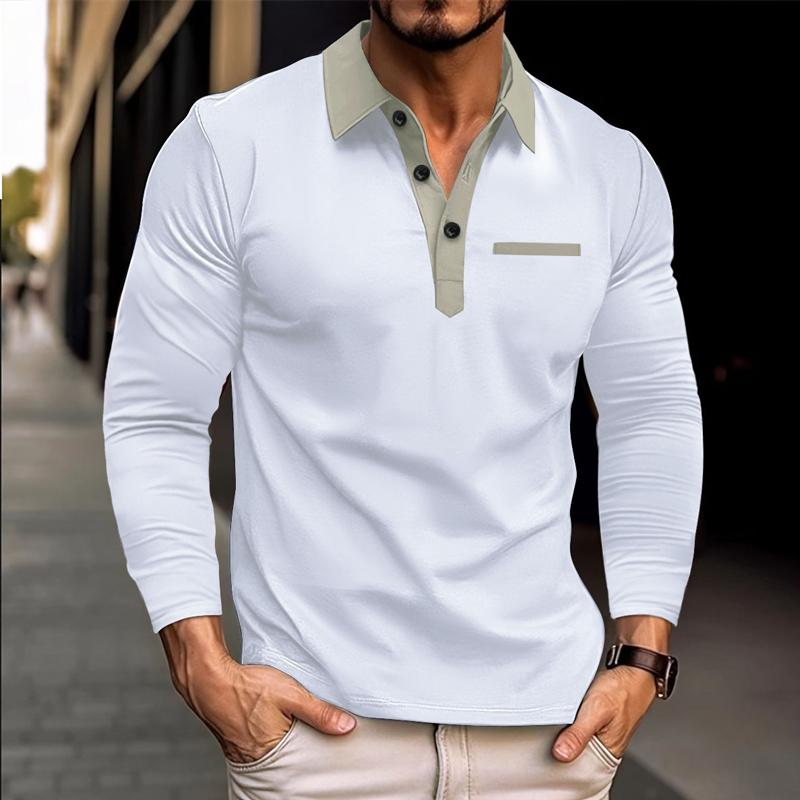 Men's Long Sleeve Lapel Color Block POLO Shirt