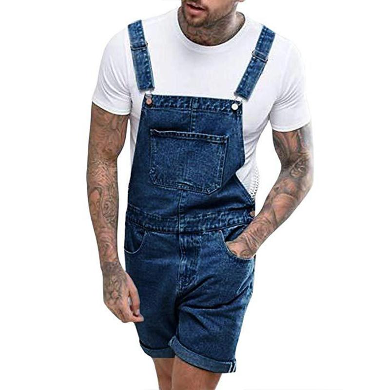 Men's Vintage Denim Ripped Cargo Shorts Jumpsuit Overall