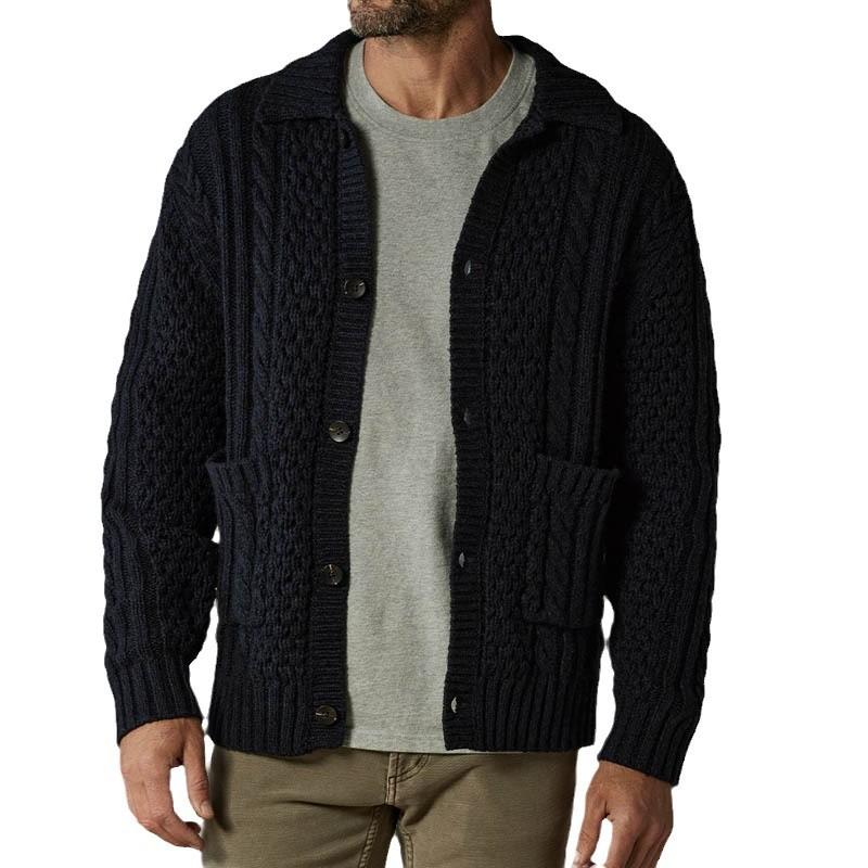 Men's Solid Color Cable Lapel Single Breasted Cardigan