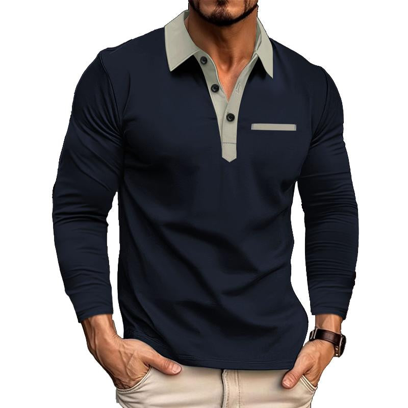 Men's Long Sleeve Lapel Color Block POLO Shirt