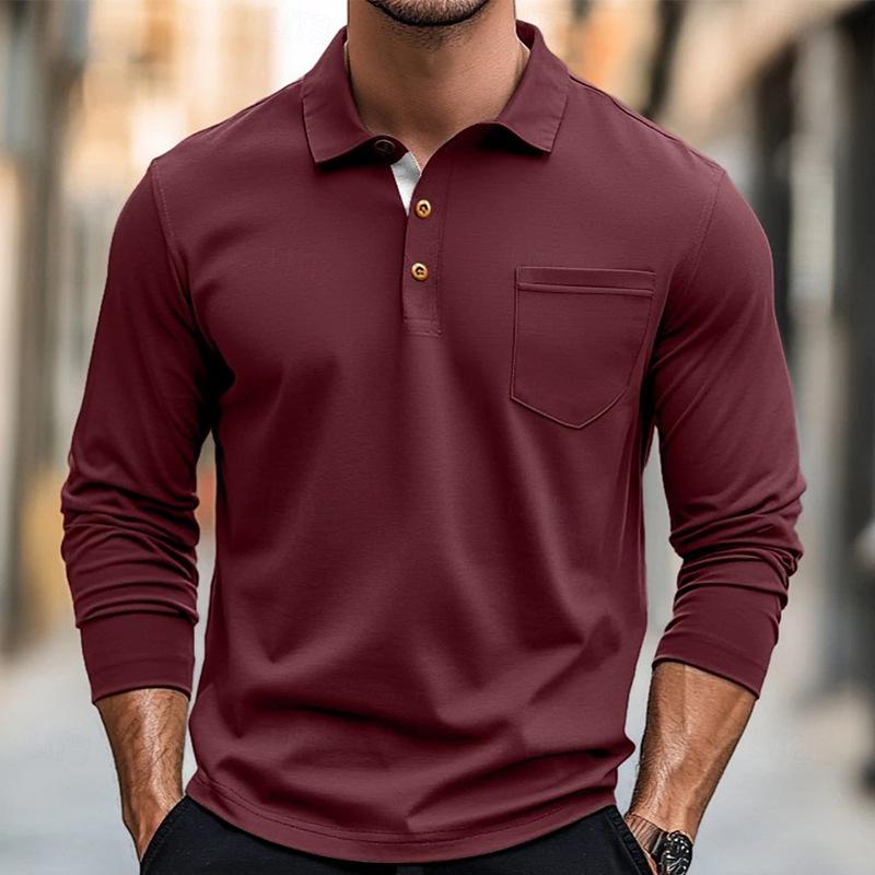 Men's Solid Color Button-Down Lapel Long-Sleeved Polo Shirt