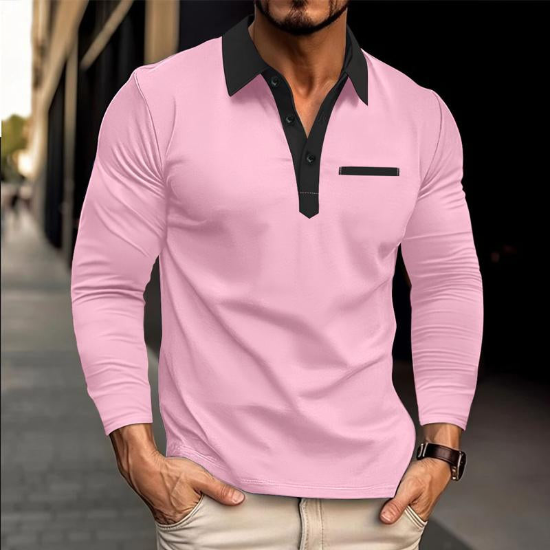 Men's Long Sleeve Lapel Color Block POLO Shirt