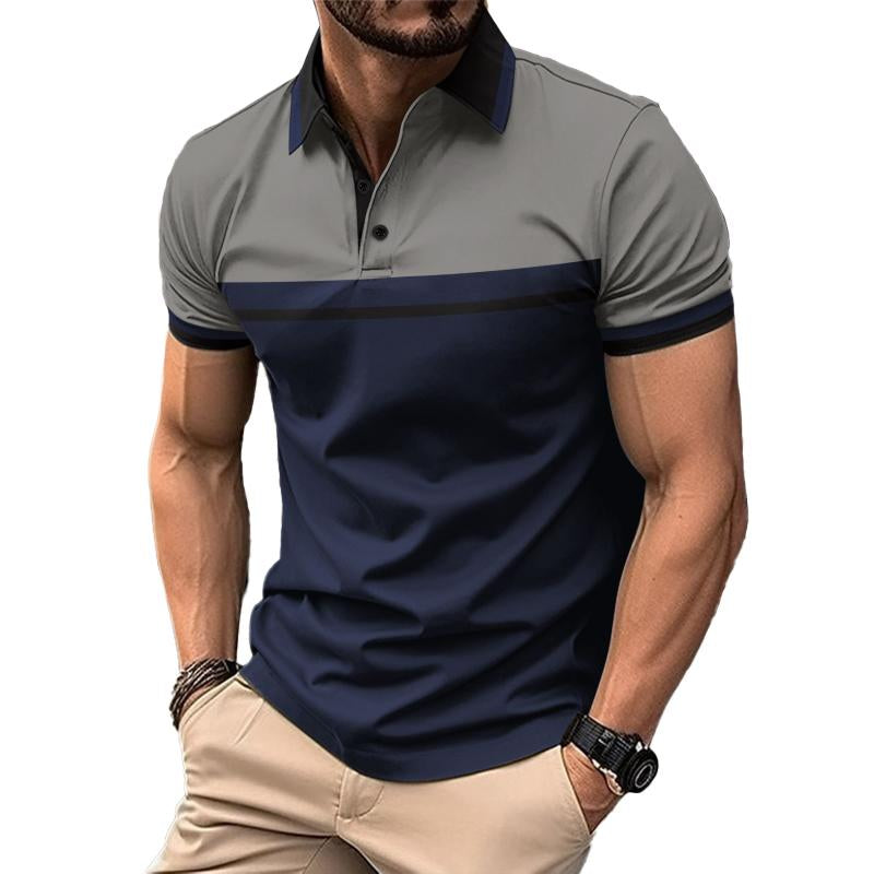 Men's Casual Color Block Short Sleeve Polo Shirt=