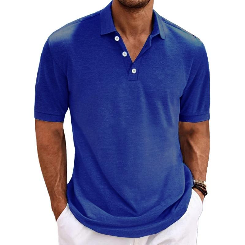 Men's Casual Cotton Blended Lapel Solid Color Short Sleeve Polo Shirt