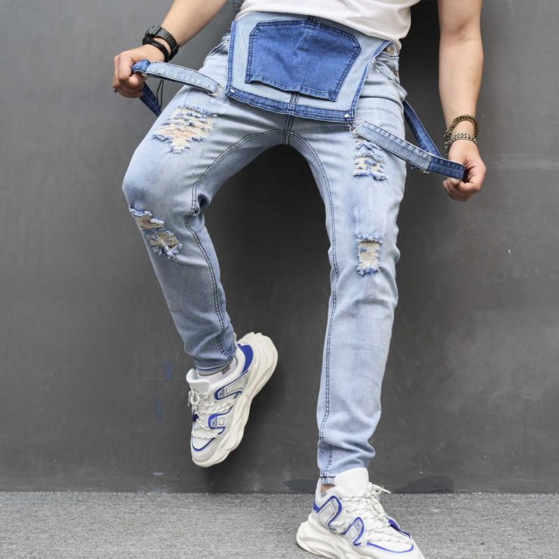 Men's Casual Solid Color Washed Ripped Denim Overalls