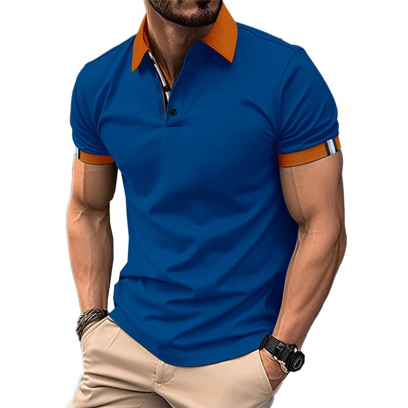 Men's Casual Color Block Lapel Short Sleeve Polo Shirt