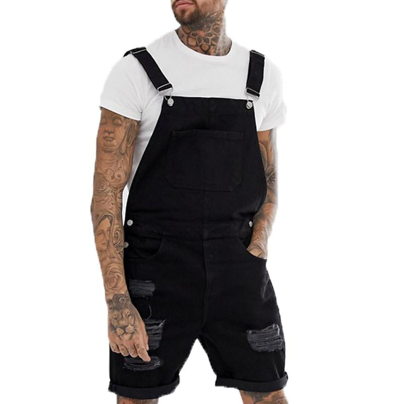 Men's Casual Vintage Denim Ripped Overalls Shorts