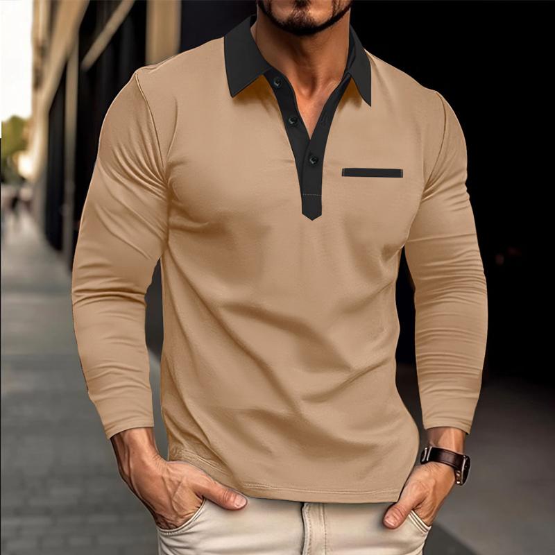 Men's Long Sleeve Lapel Color Block POLO Shirt