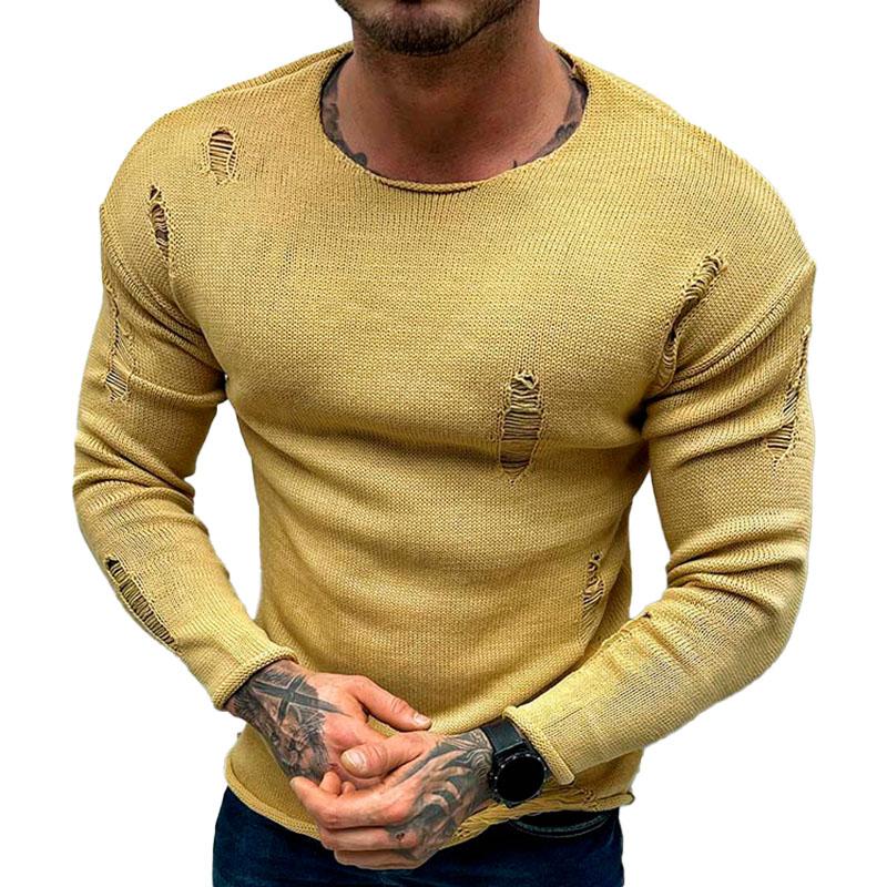 Men's Leisure Round Neck Hole Knit Long Sleeved Sweater