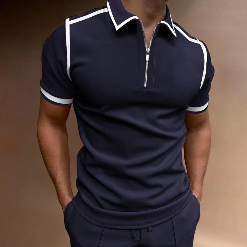 Men's Sports Short Sleeve Zipper Color Block Polo Shirt