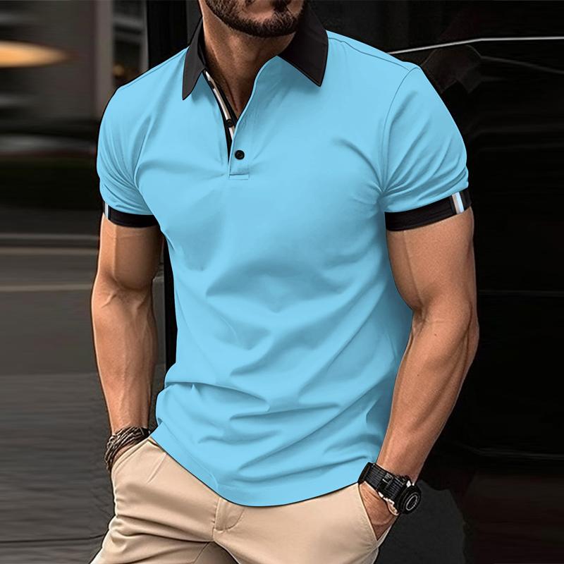 Men's Casual Color Block Lapel Short Sleeve Polo Shirt