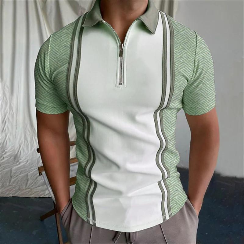 Men's Printed Striped Short Sleeve Zip-up Polo Shirt