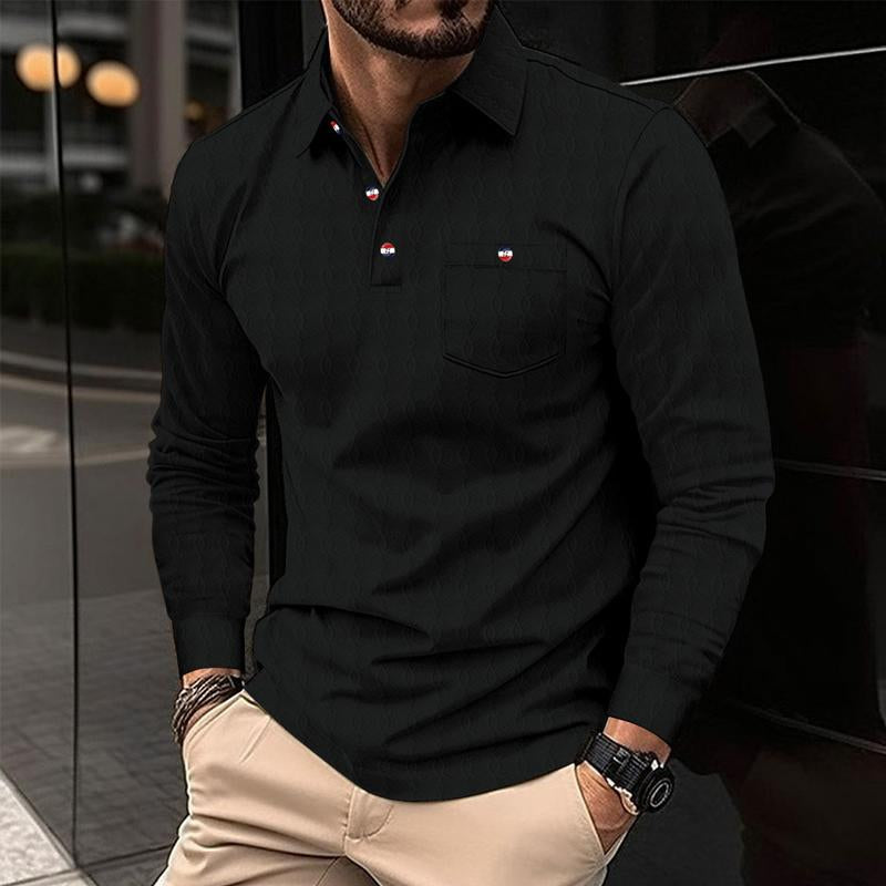 Men's Retro Solid Color Pocket Lapel Long Sleeve POLO Shirt