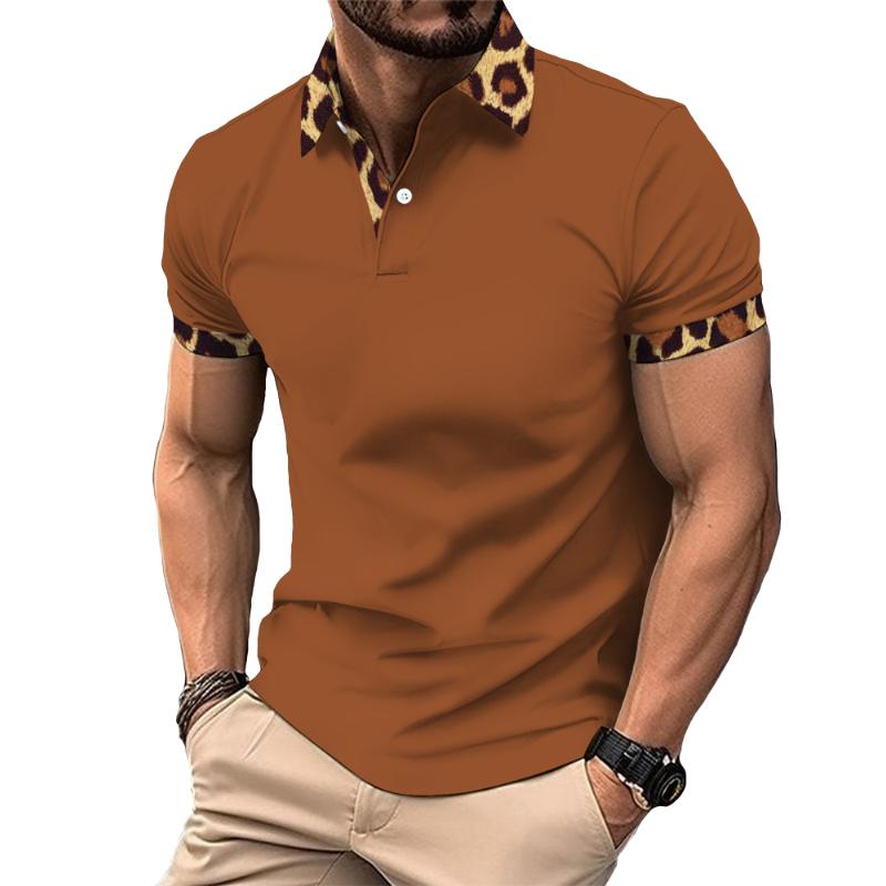 Men's Vintage Leopard Print Patchwork Lapel Polo Shirt