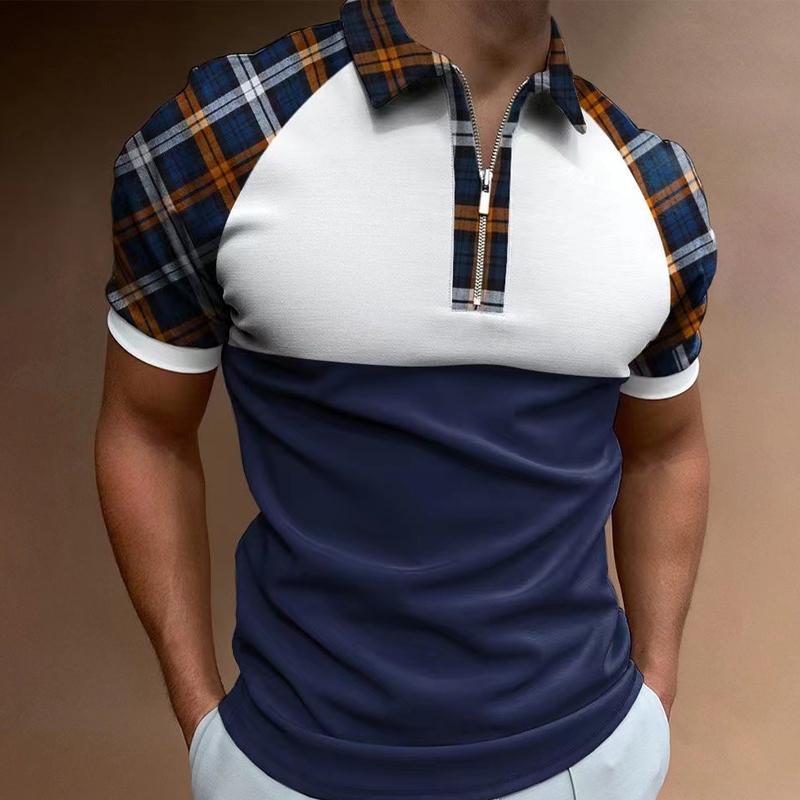 Men's Sports Short Sleeve Zipper Color Block Polo Shirt