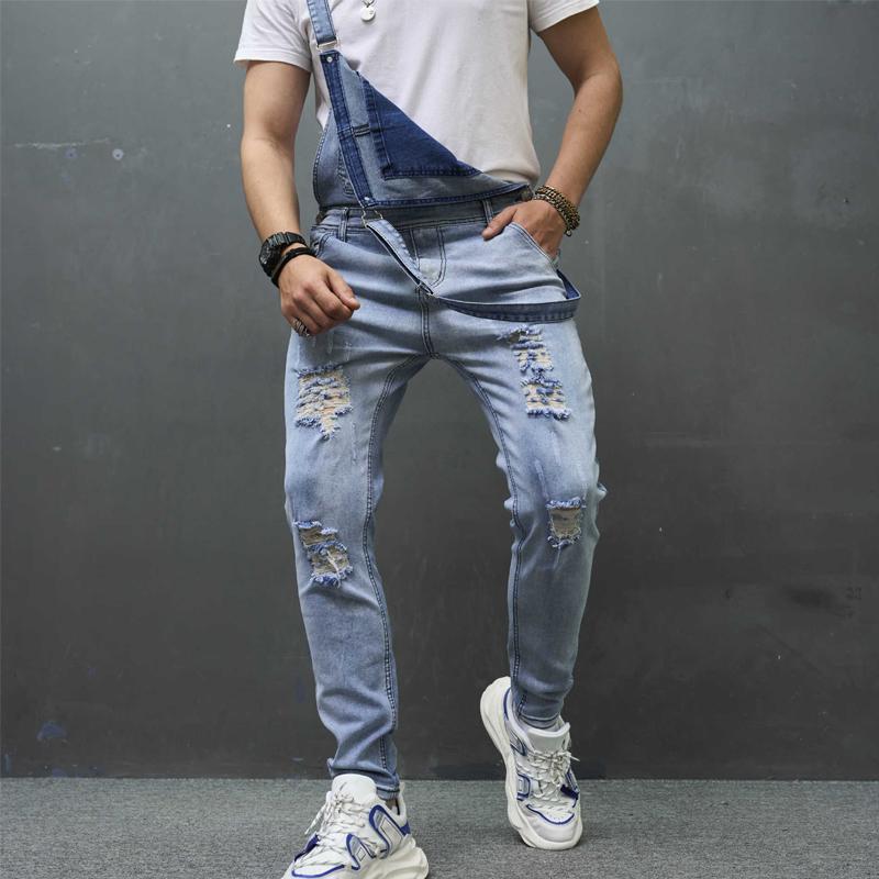 Men's Casual Solid Color Washed Ripped Denim Overalls