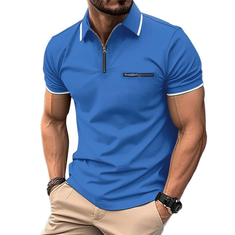 Men's Color Block Zip Short Sleeve Polo Shirt