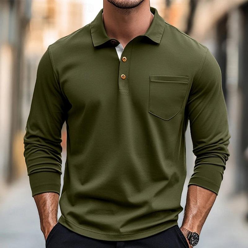 Men's Solid Color Button-Down Lapel Long-Sleeved Polo Shirt