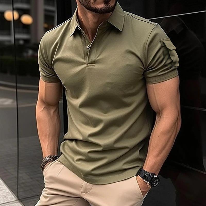 Men's Solid Lapel Sleeve Pocket Short Sleeve Polo Shirt